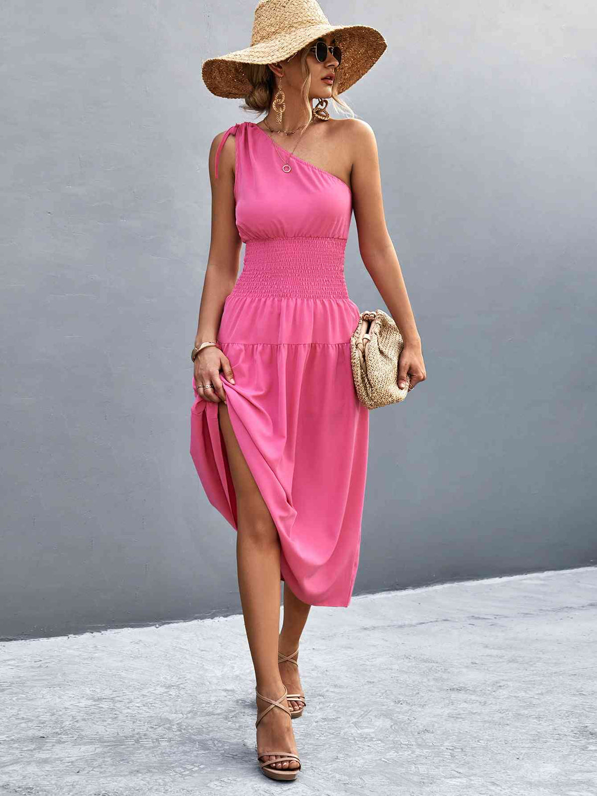 Women's Casual Maxi Dress Asymmetrical One Shoulder Smocked Waist Midi Dress