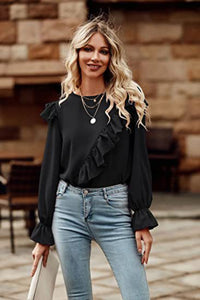 Womens Casual Blouse Shirt Ruffled Round Neck Long Sleeve Top