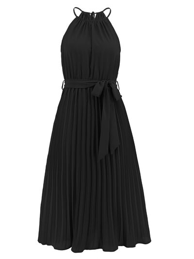 Pleated Spaghetti Strap Tie Waist Midi Dress New womens fashion Party dresses