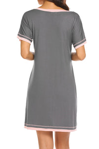 Pajama Dress Contrast Trim Short Sleeve Lounge Dress