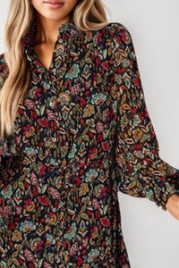 Womens Casual Printed Notched Long Sleeve Short Dress