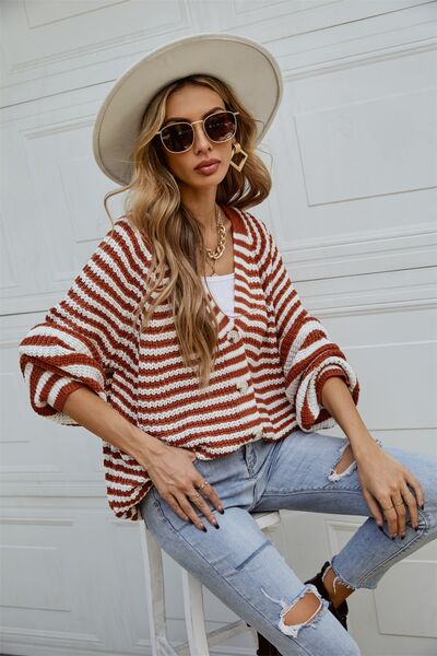 Striped Button Up Long Sleeve Cardigan Women’s Open Sweater