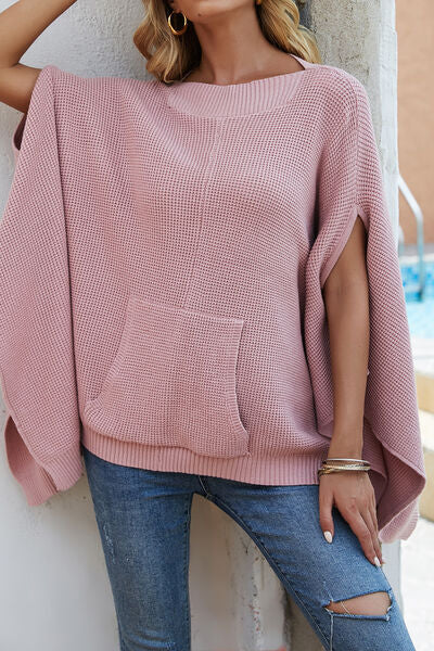 Waffle-Knit Pocketed Cape Sleeve Sleeveless Fashion Sweater