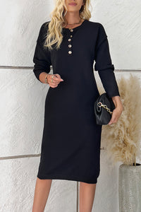 Buttoned Drop Shoulder Sweater Dress Casual Long Sleeve Dresses Loungewear