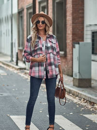 Plaid Button Up Dropped Shoulder Long Sleeve Shirt