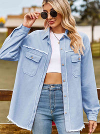 Button Up Collared Neck Raw Hem Denim Top