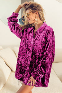 Purple Velvet Shirt Button Up Long Sleeve Open Top Womens Fashion