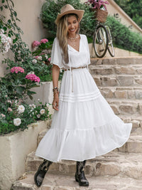 White Tie Neck Dress Women's Short Sleeve Ruffle Hem Maxi Dress