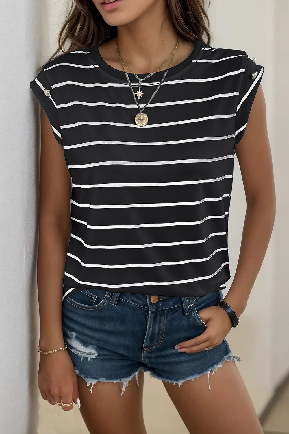 Striped Round Neck T-Shirt New Women's Fashion Casual Short Sleeve Blouse