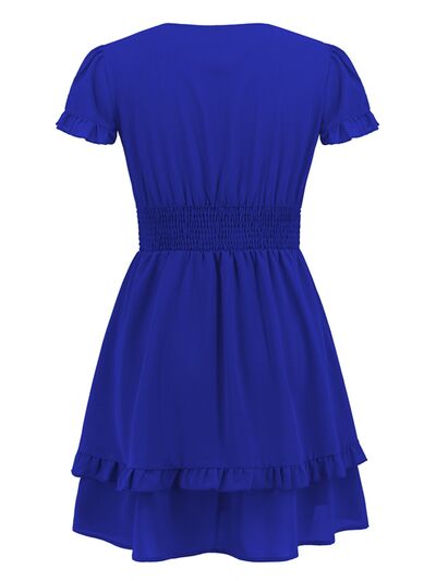 New Womens Tied V-Neck Tiered Ruffle Sexy Casual Short Sleeve Mini Dress