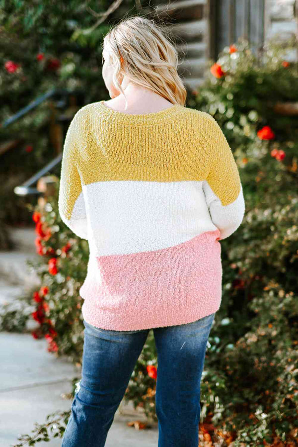 Plus Size Color Block Round Neck Fashion Sweater