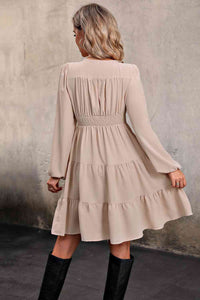 Women's Nude V Neck Button Up Tiered Dress Long Sleeve Ruffle Mini Dress