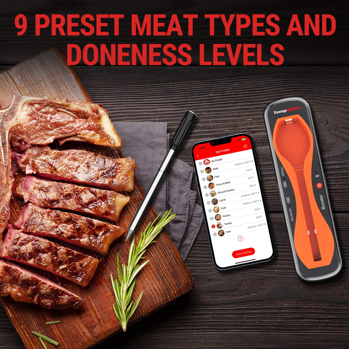 ThermoPro TempSpike 500FT Wireless Meat Thermometer, Bluetooth Meat Thermometer Wireless for Turkey Beef Lamb, Meat Thermometer Digital Wireless for Rotisserie Sous Vide BBQ Oven Smoker Thermometer