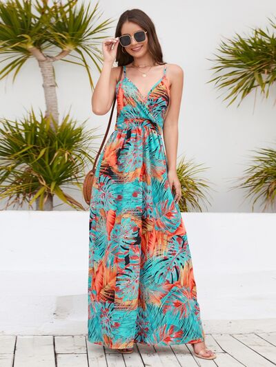 Vacation Jungle Printed Surplice Spaghetti Strap Maxi Dress