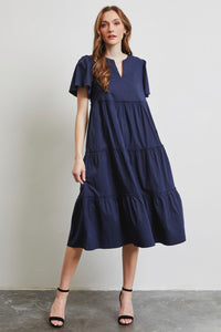 Cotton Short Sleeve Midi Dress Women's Fashion Navy Blue Casual Poplin Ruffle Tiered Midi Dress Petite and  Plus Size Fashion