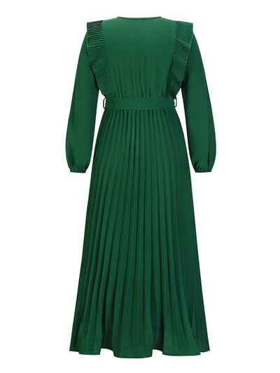 Long Sleeve Maxi Dress Pleated Surplice Waist Tie Midi