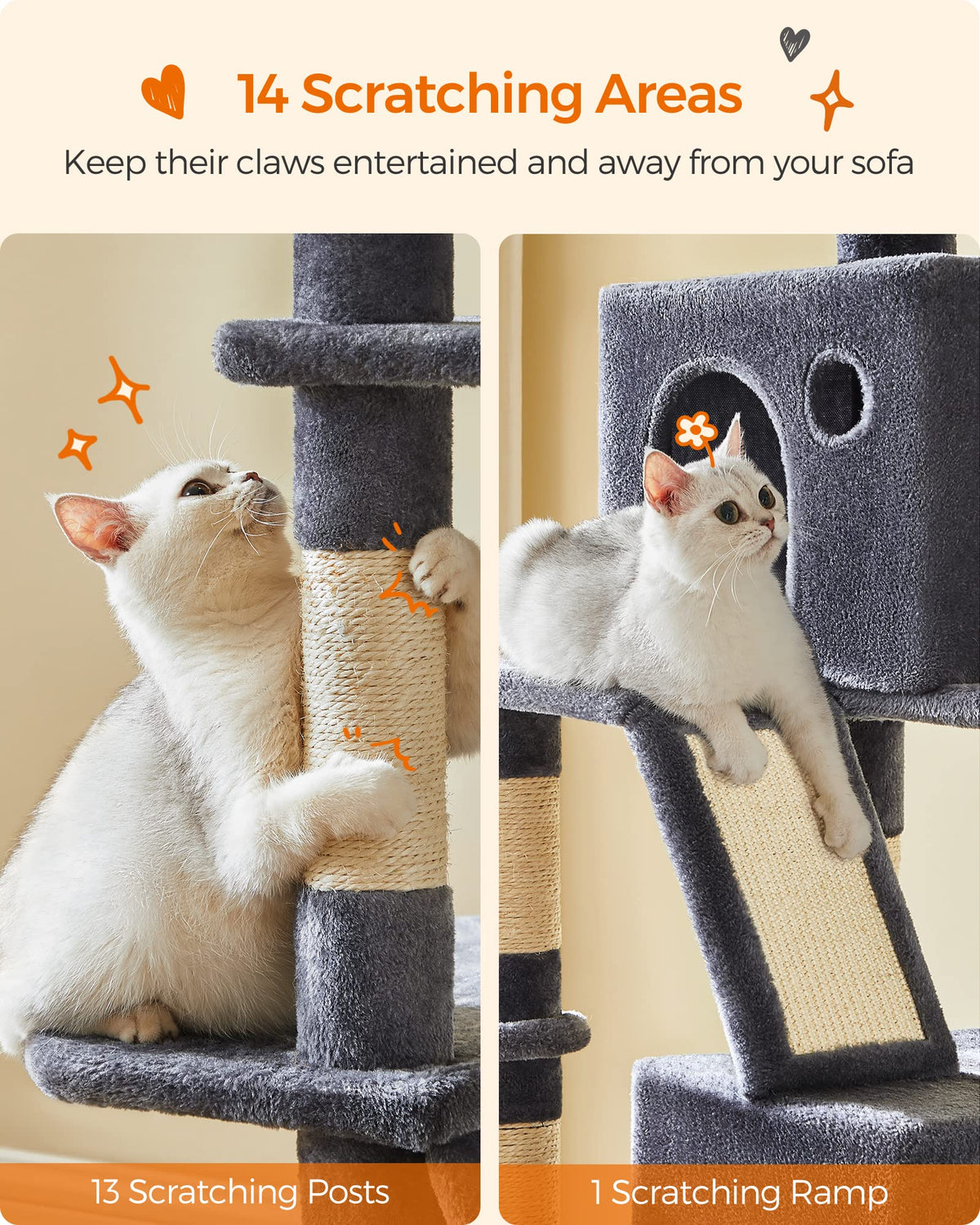 Feandrea Cat Tree, 81.1-Inch Large Cat Tower with 13 Scratching Posts, 2 Perches, 2 Caves, Basket, Hammock, Pompoms, Multi-Level Plush Cat Condo for Indoor Cats, Smoky Gray UPCT190G01