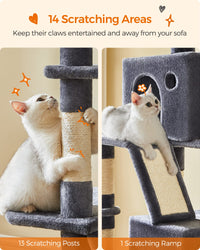 Feandrea Cat Tree, 81.1-Inch Large Cat Tower with 13 Scratching Posts, 2 Perches, 2 Caves, Basket, Hammock, Pompoms, Multi-Level Plush Cat Condo for Indoor Cats, Smoky Gray UPCT190G01