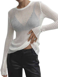 Women's Cotton Sheer See Through Round Neck Long Sleeve Ribbed Knit Top