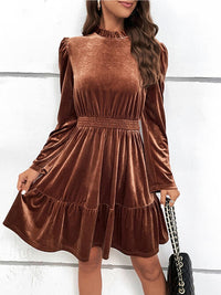 Smocked Long Sleeve Ruffle Hem Casual Short Dress