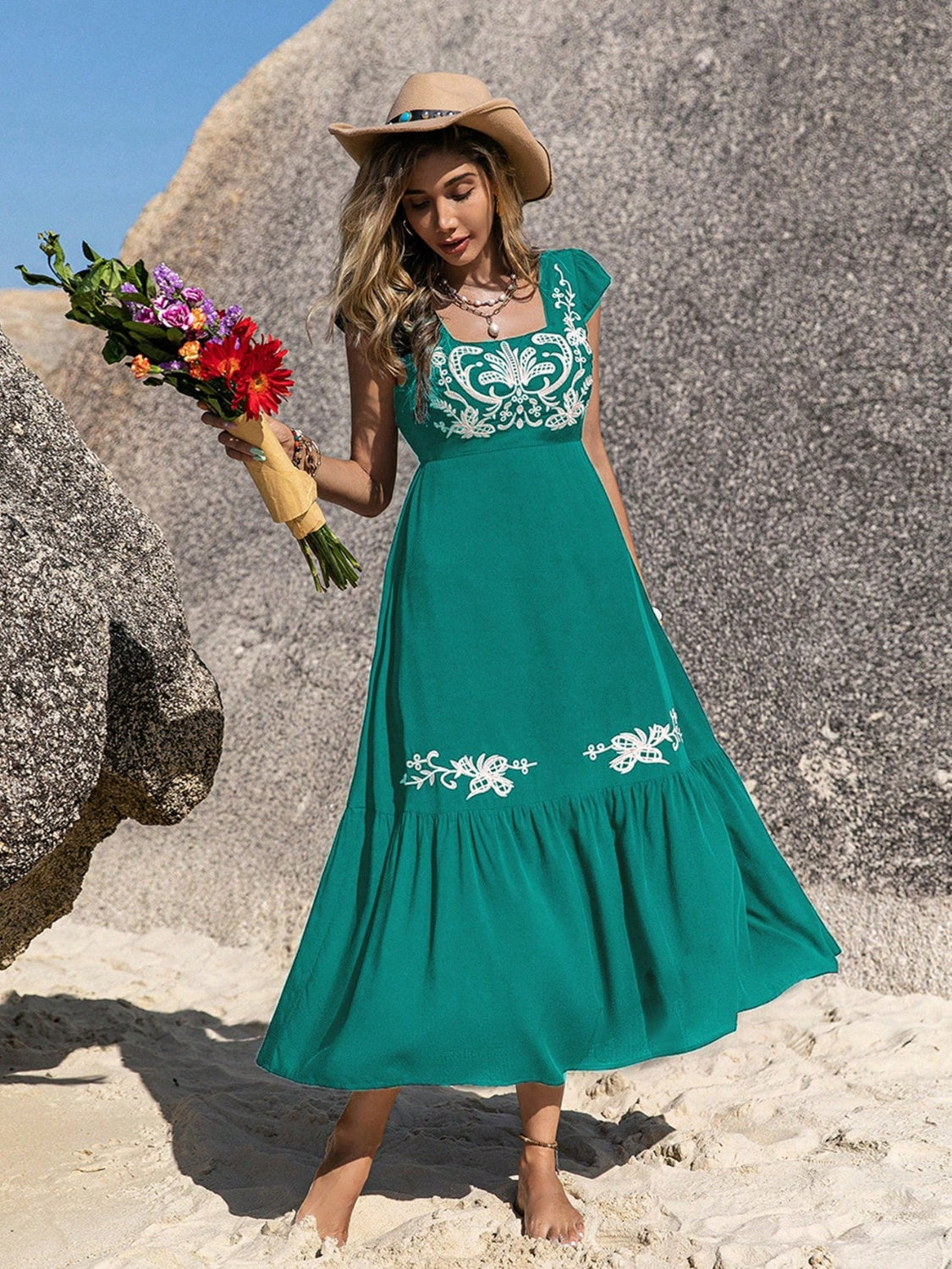 Boho Midi Dress Women's Casual Embroidered Square Neck Cap Sleeve Long Dress