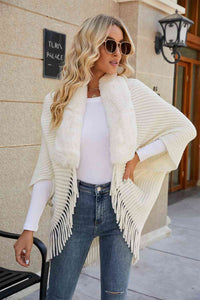 Womens Open Sweater Fringe Detail Long Sleeve Ribbed  fashion Poncho