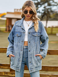 Collared Neck Denim Jacket With Pockets