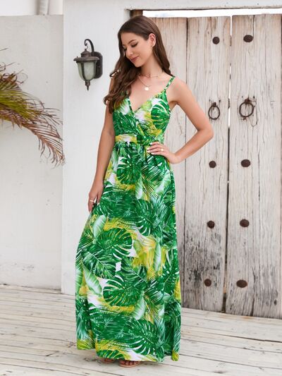 Vacation Jungle Printed Surplice Spaghetti Strap Maxi Dress