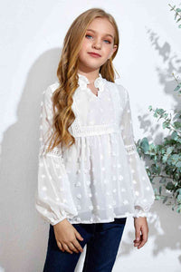 Girls Swiss Dot Spliced Lace Notched Blouse Kids Fashion