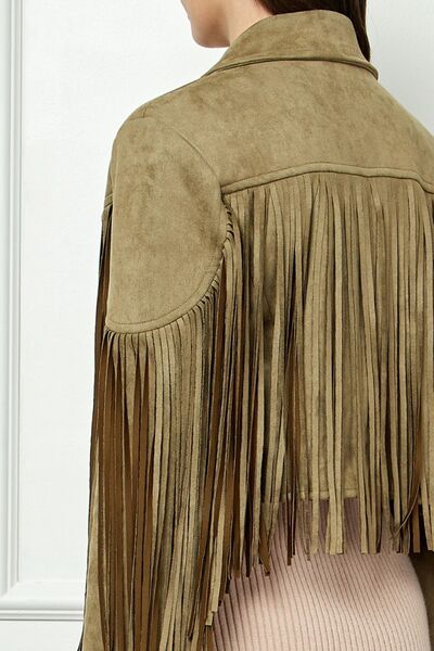 KESLEY Suede Fringe Long Sleeve Moto Jacket