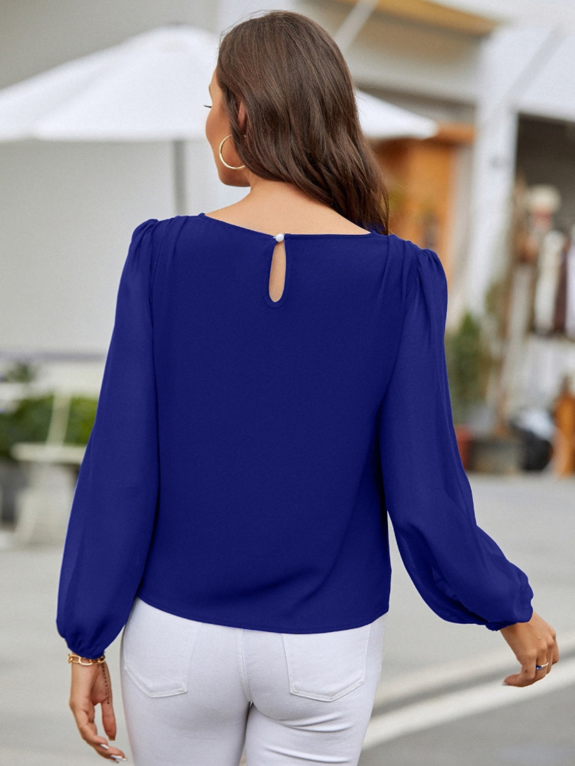 Solid Color Long Sleeve Shirt Women's Fashion Top Round Neck Balloon Sleeve Blouse