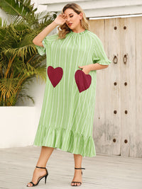 Plus Size Fashion Green Striped Dress With Red Heart Print Half Sleeve Midi Dress