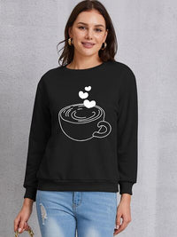 Coffee Lover Fashion Sweater Cup Graphic Round Neck Dropped Shoulder Sweatshirt