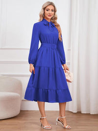 Womens Fashion Tie Neck Long Sleeve Tiered Midi Dress