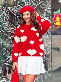 Heart Print Sweater Round Neck Dropped Shoulder Valentines Sweaters