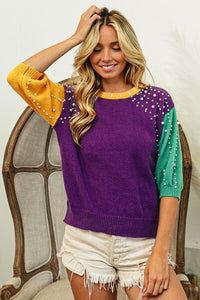 Color Block Pearl Detail Round Neck Sweater