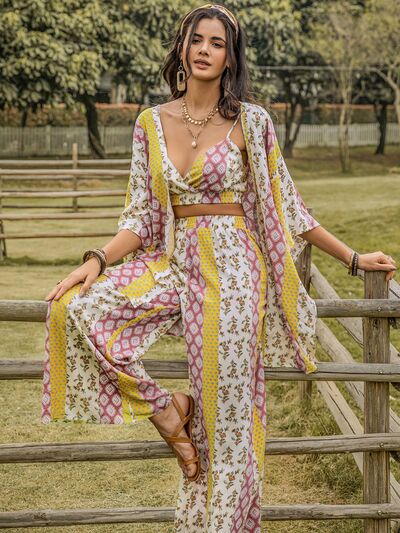 Matching Outfit Set Boho Printed Crop Top Cami Open Front Cover Up Kimono and Wide Leg Pants Set Three piece fashion outfit set KESLEY