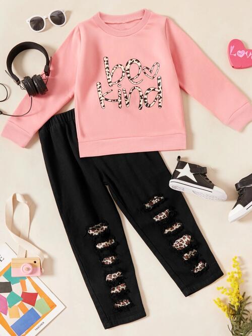 BE KIND Round Neck Top and Leopard Pants Set Kids Fashion