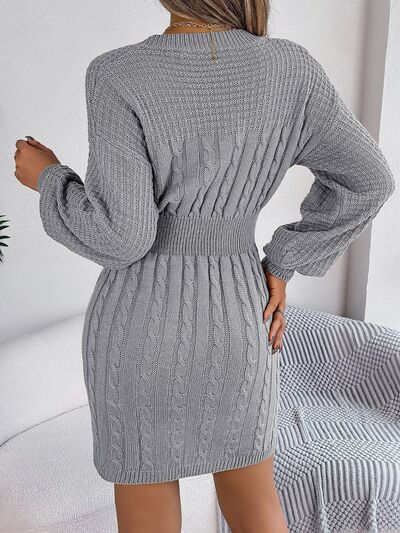 Cable-Knit Cutout Round Neck Slit Long Sleeve Sweater Dress