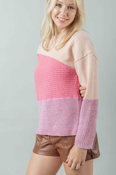 Women's Fashion Sweater Color Block Long Sleeve Top Pink