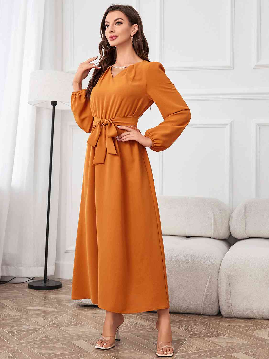 Women's Tie Waist Puff Sleeve Maxi Dress