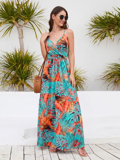 Vacation Jungle Printed Surplice Spaghetti Strap Maxi Dress