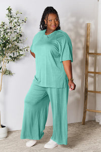 Double Take Full Size Round Neck Slit Top and Pants Set Loungewear T shirt and bottoms included