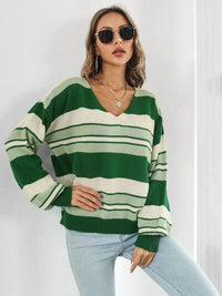 Womens Green Striped Long Sleeve Top V-Neck Dropped Shoulder Sweater