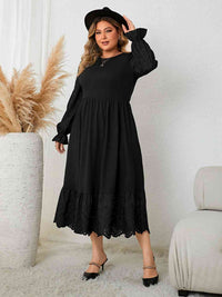 Black Long Sleeve Casual Plus Size Flounce Sleeve Lace Detail Dress