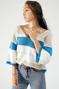 Color Block V-Neck Dropped Shoulder Sweater Shirt