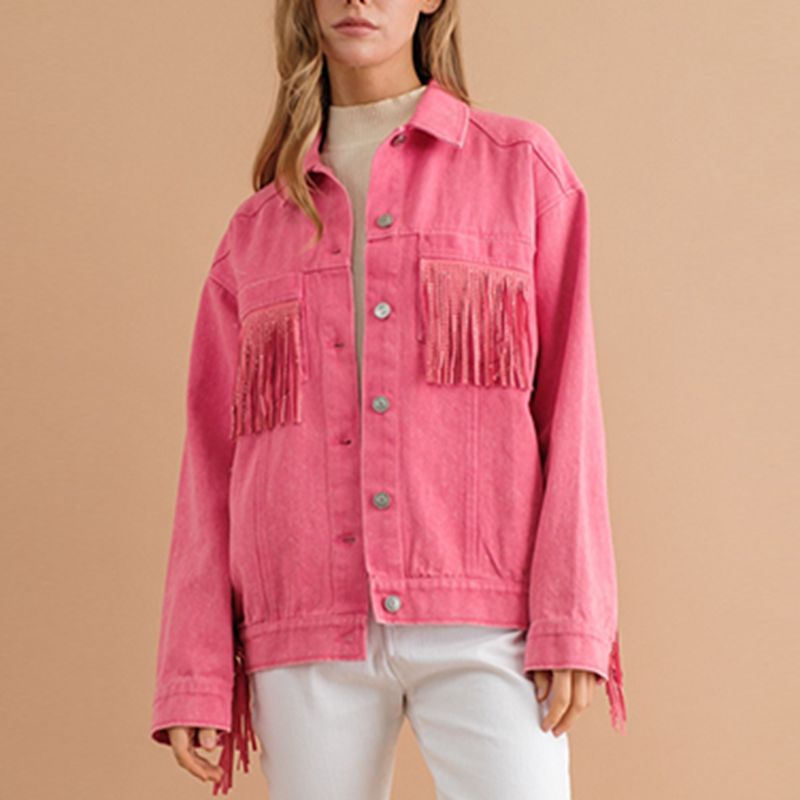 Fringe Denim Jacket Detail Dropped Shoulder Pink Shacket