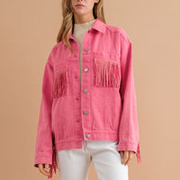 Fringe Denim Jacket Detail Dropped Shoulder Pink Shacket