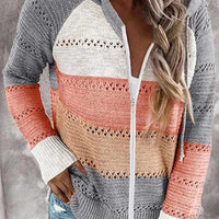 Women's Color Block Drawstring Hooded Sweater Light Zip Up Sweaters