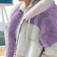 Color Block Zip-Up Hooded Faux Fur Jacket